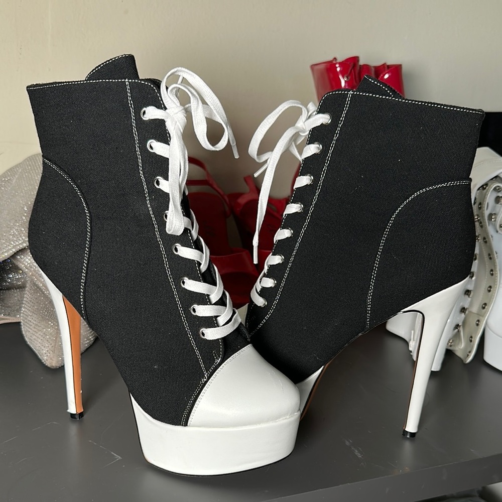 Black and White High Heel Ankle Boots
